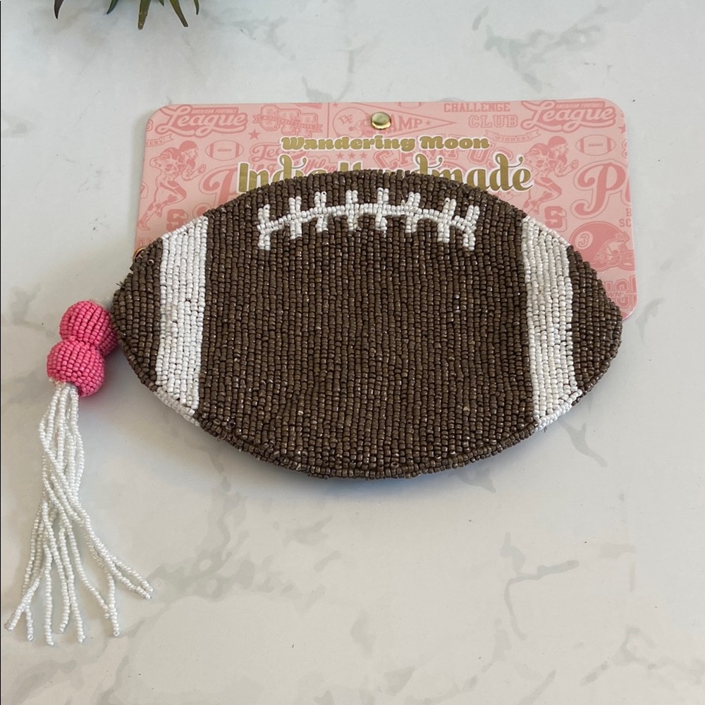 New Glass Beaded Handmade in India Brown Pink Football Shaped Zip Up Pouch Small